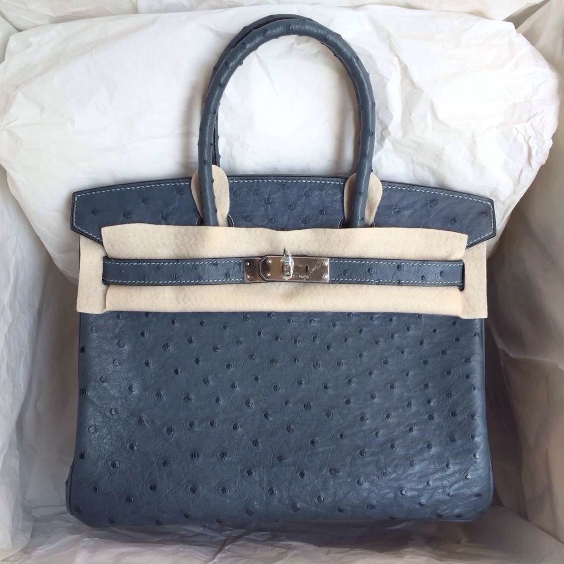 Wholesale Hand Stitching Hermes Birkin Bag 7Y Blue Orage Ostrich Leather — Hermes Crocodile ...