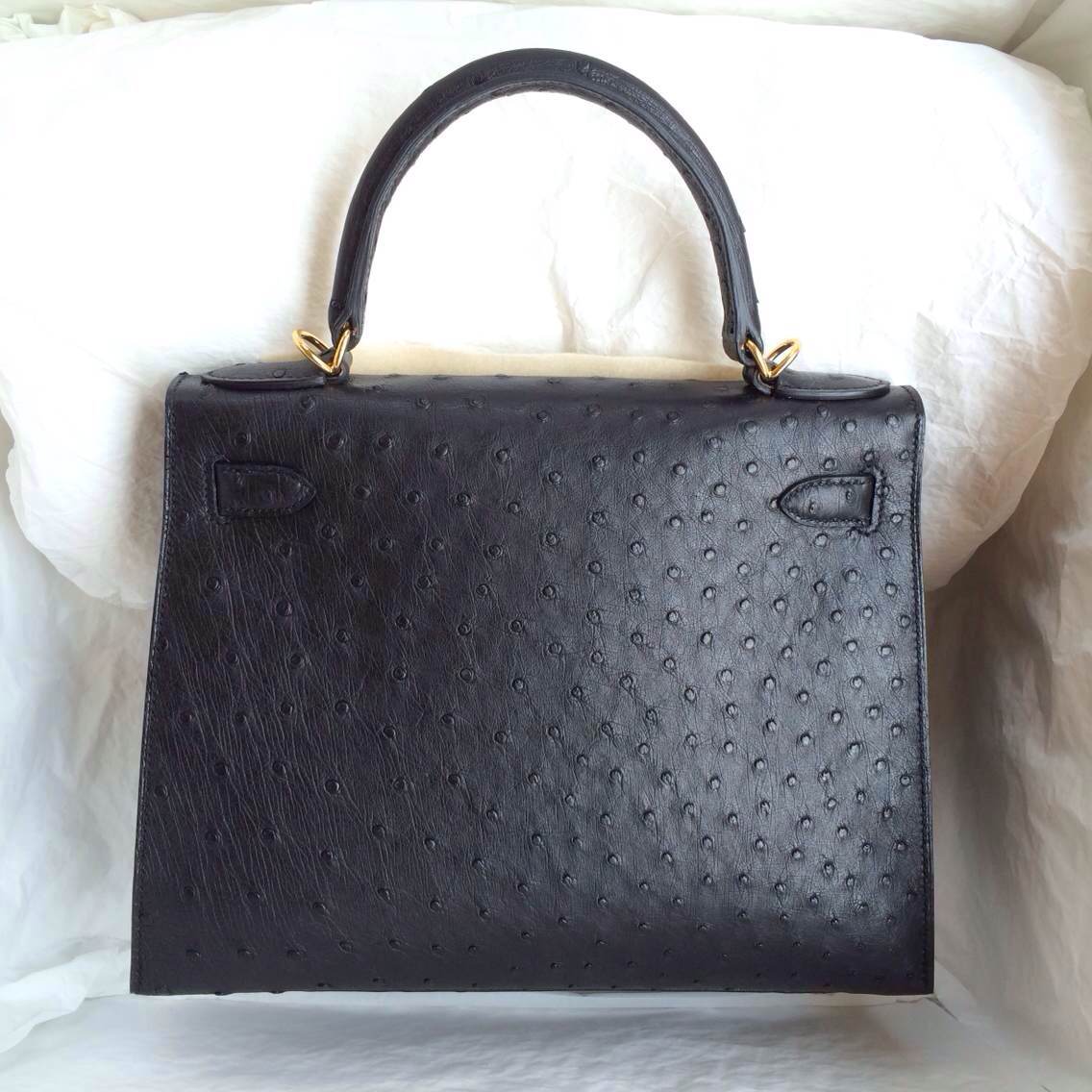 Hand Stitching Hermes Kelly Bag Sellier 89 Black Ostrich Leather ...  