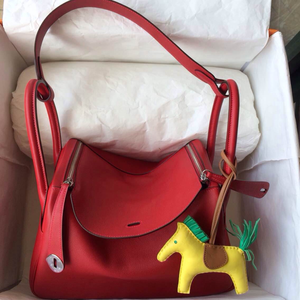 Hand Stitching Hermes Lindy Bag Q5 Candy Red Swift Leather Silver ...  