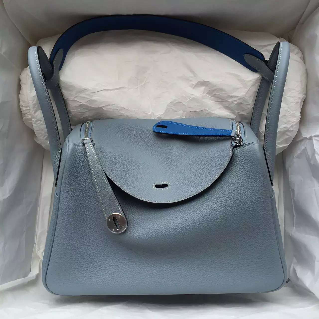 Sale Hermes J7 Blue Lin \u0026amp; 7Q Cribe Blue Togo Leather Lindy Bag26CM ...  