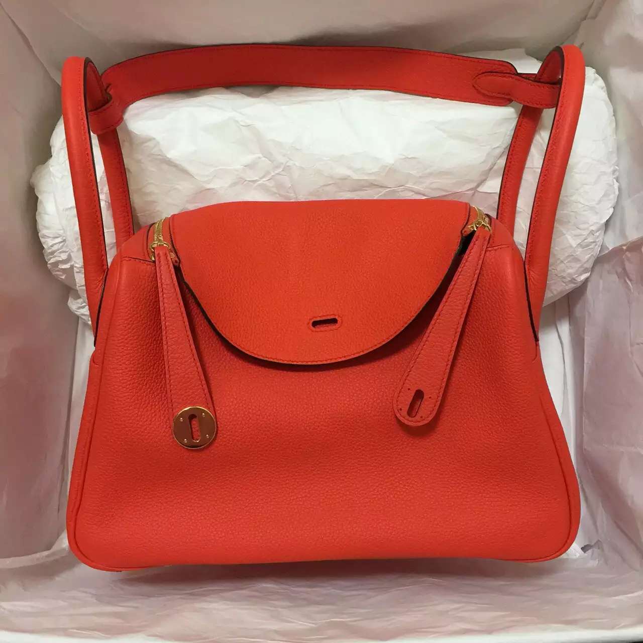 hermes red leather handbag lindy  