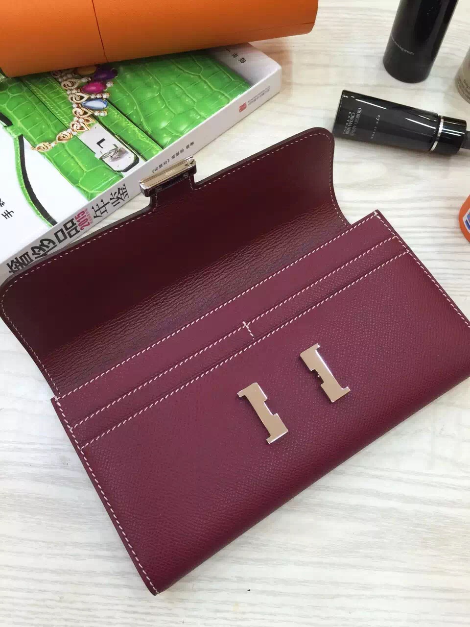 Hand Stitching Hermes Constance Wallet Burgundy Epsom Leather ...  