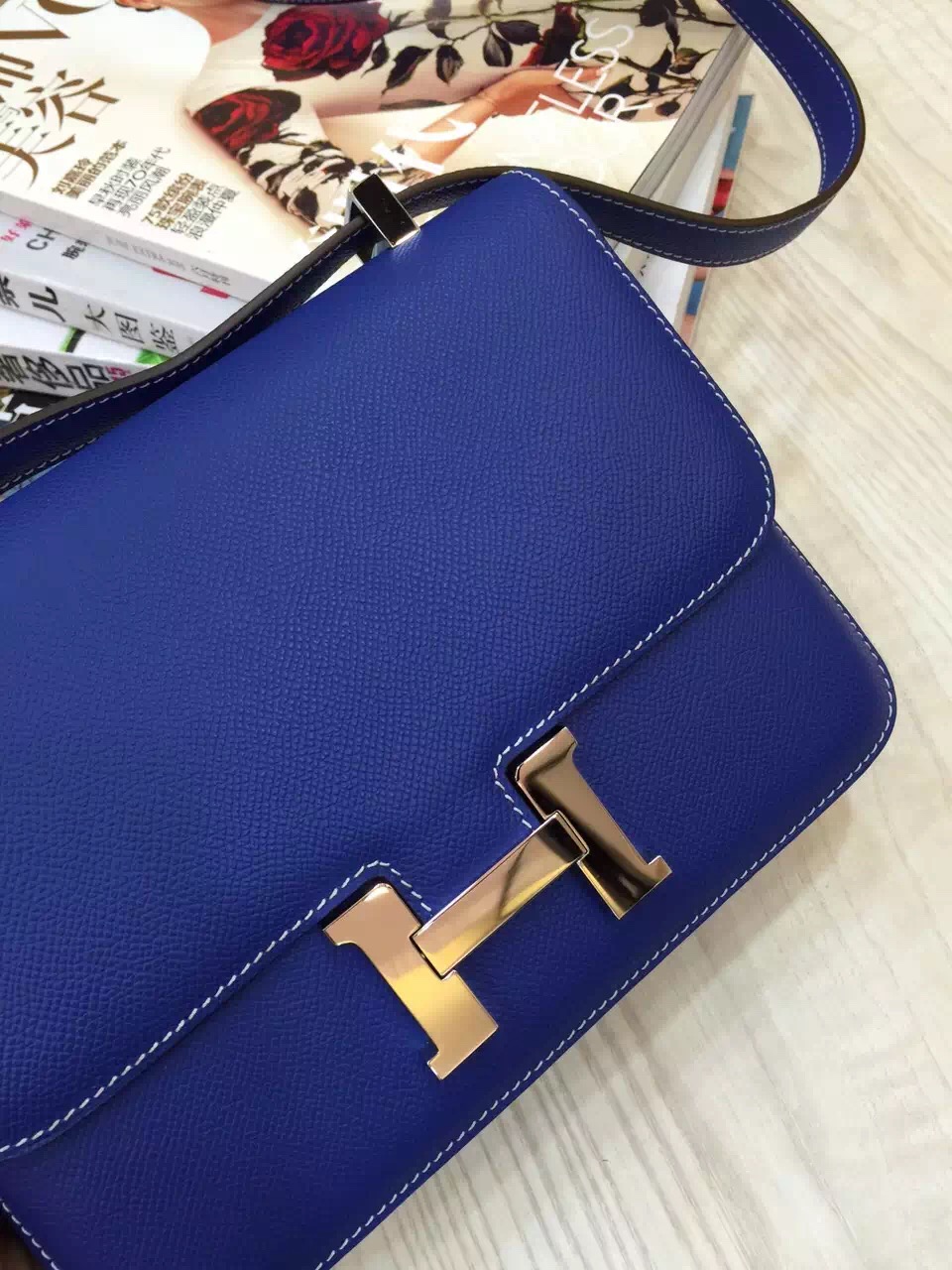 hermes blue leather handbag constance  