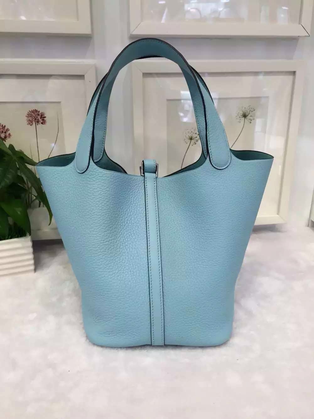 hermes blue leather handbag picotin  
