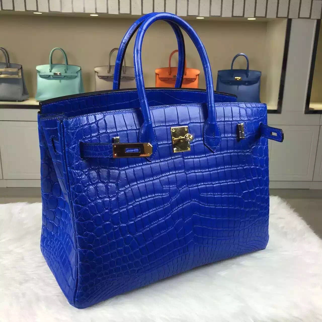 Hermes Birkin 35cm Crocodile Leather Handbag Electric Blue Gold