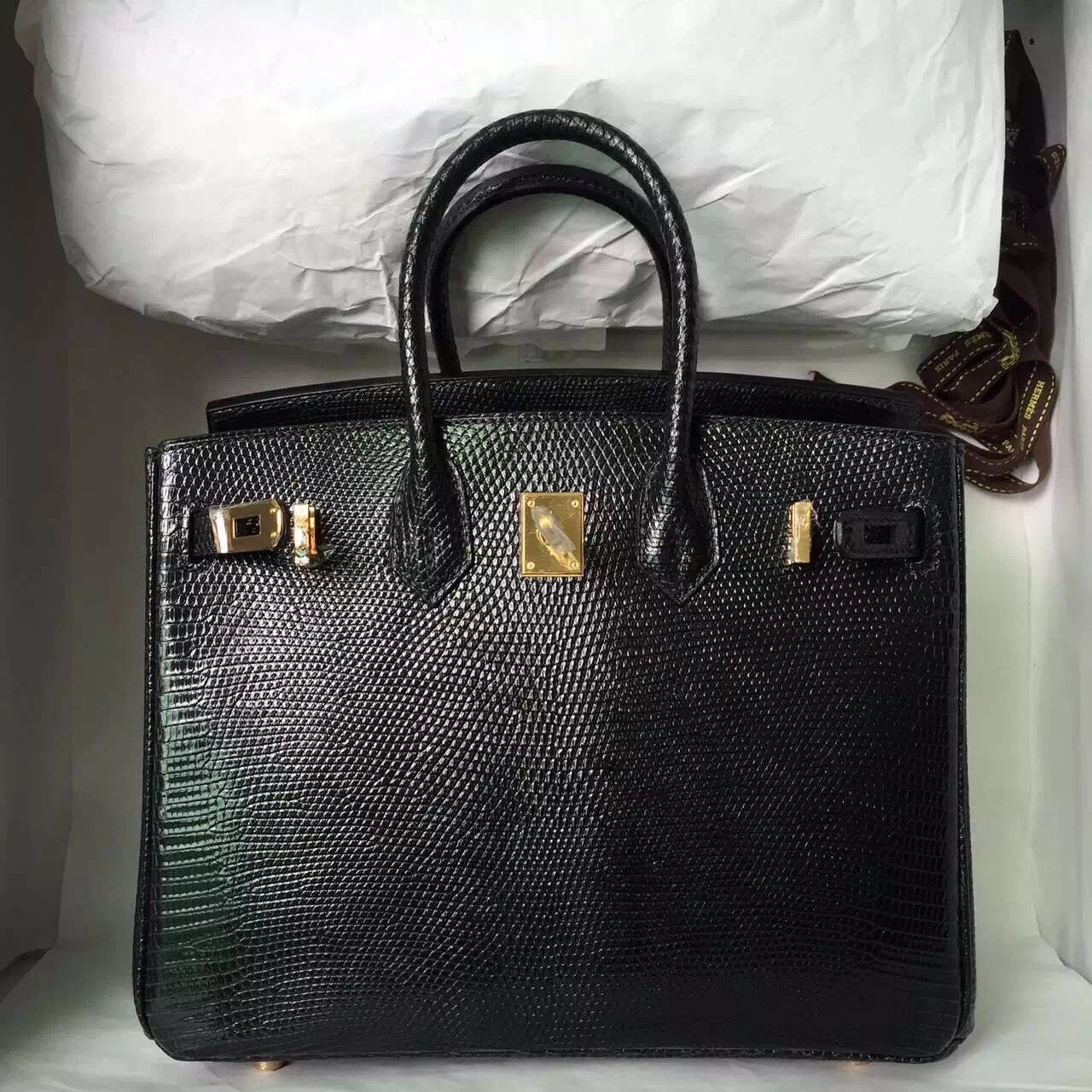 Wholesale Hermes Lizard Leather Birkin25 in CK89 Black — Hermes Crocodile Birkin Bag