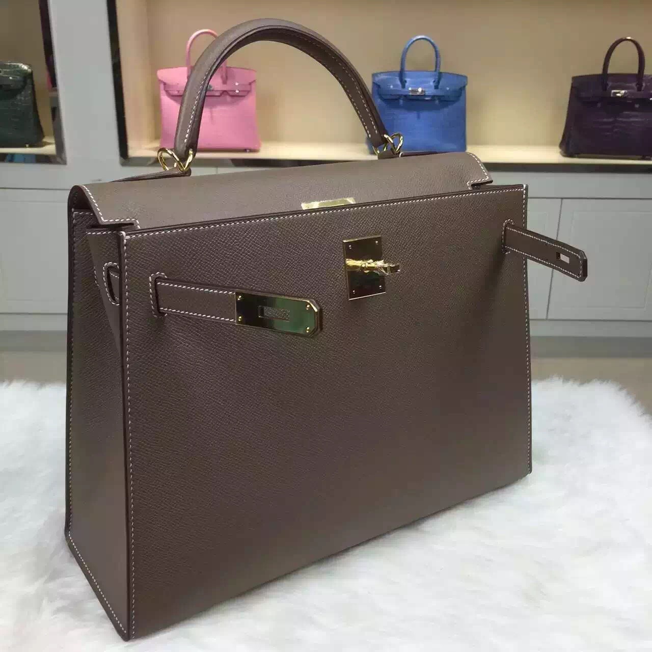 Luxury Women&#39;s Bag Hermes CK81 Etoupe Grey Epsom Leather Kelly Bag32cm — Hermes Crocodile Birkin Bag