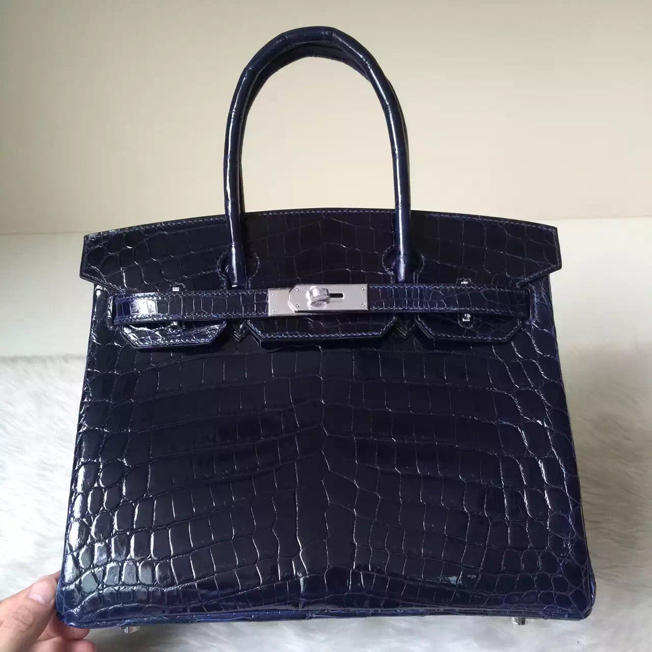 Discount Hermes Birkin Bag 30CM 7K Dark Blue Crocodile Shiny Leather — Hermes Crocodile Birkin Bag