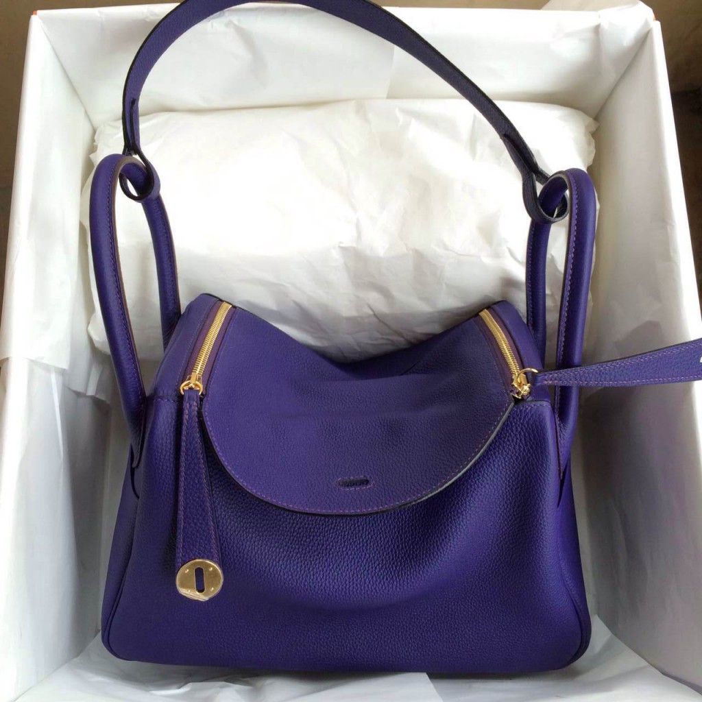 Hand Stitching Hermes Lindy Bag 9K Iris Purple France Togo Leather Gold Hardware H Factory Birkin
