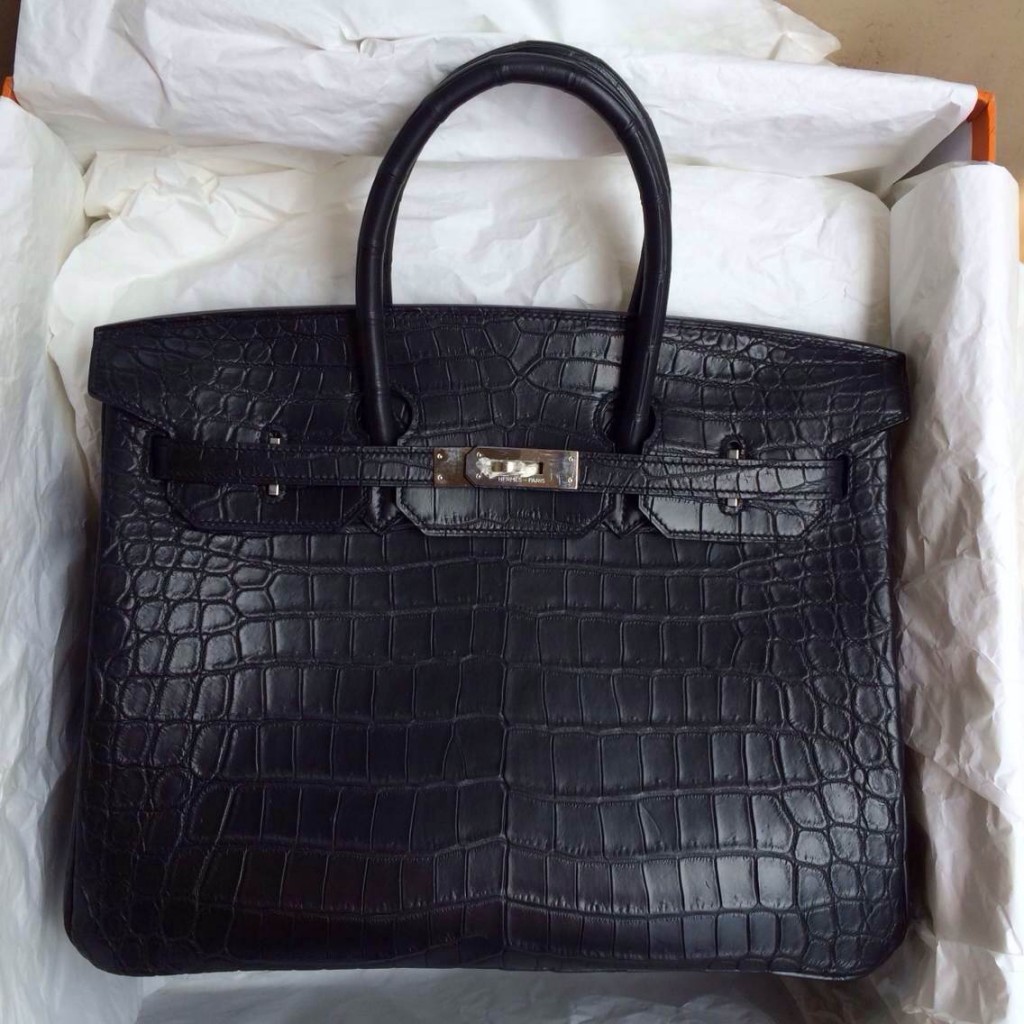 35cm Hermes Birkin Bag Black Matt Porosus Crocodile Skin Silver