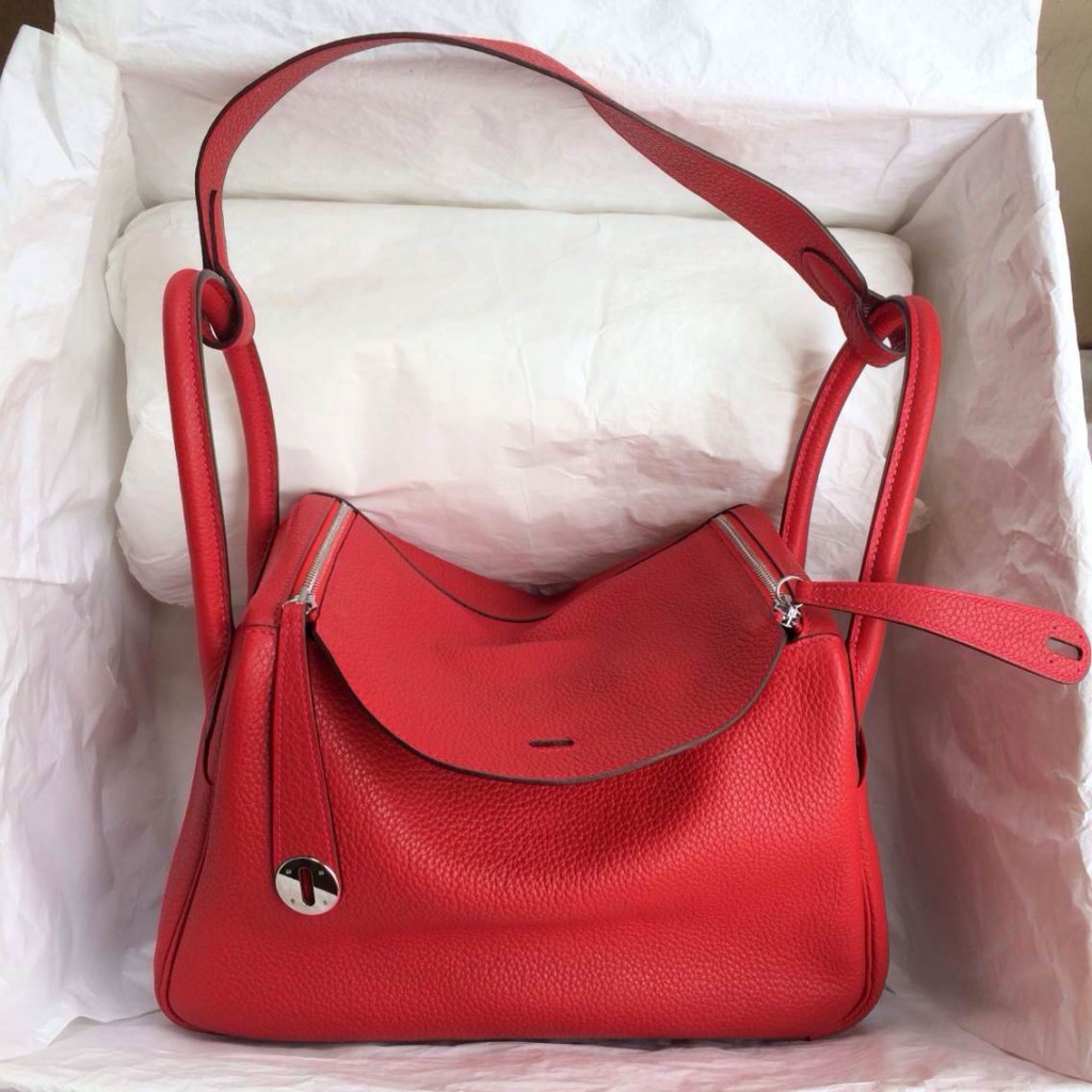 Hand Stitching Hermes Lindy Bag Q5 Candy Red Togo leather Silver ...