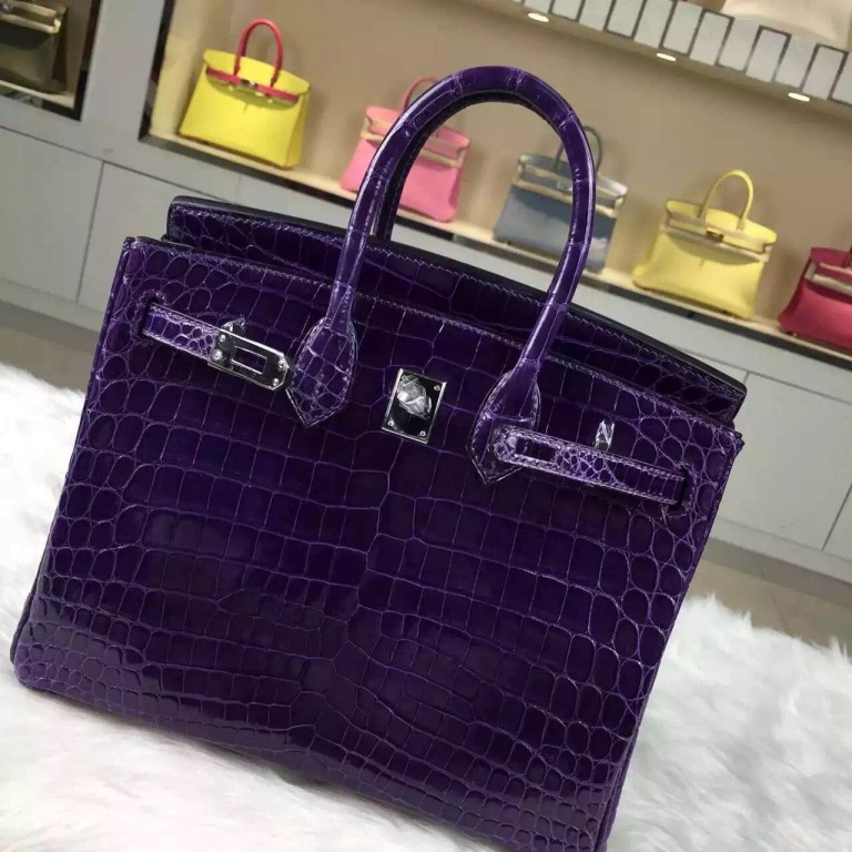 Luxury Ladies’ Handbag Hermes 9G Violet HCP Crocodile Shiny Leather ...