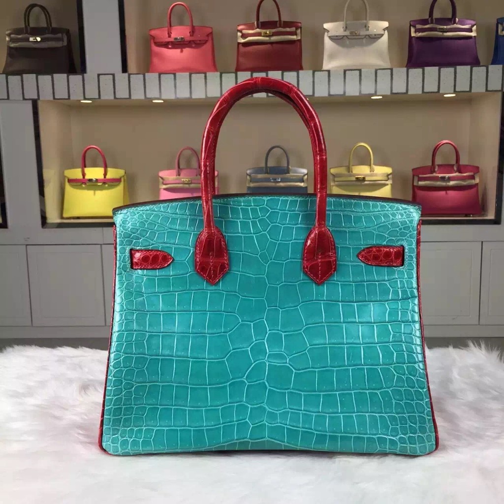 2015 New Hermes Birkin Bag30CM Color-blocking Crocodile Shiny Leather ...