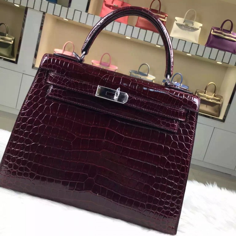 Fashion Women's Bag Hermes Kelly28CM Bordeaux Red Crocodile Shiny