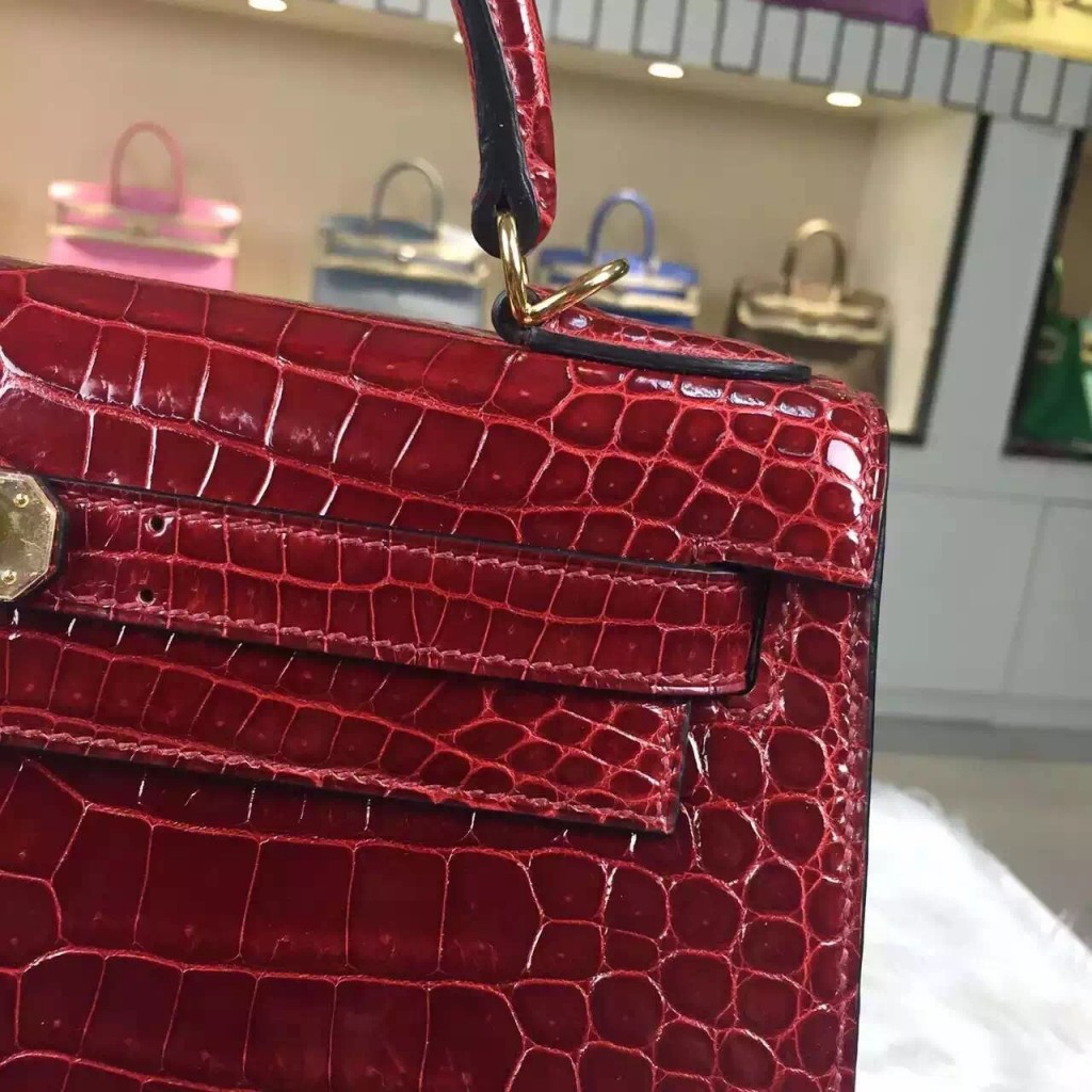 Disount Hermes New Wine Red Crocodile Shiny Leather Kelly Bag 28CM