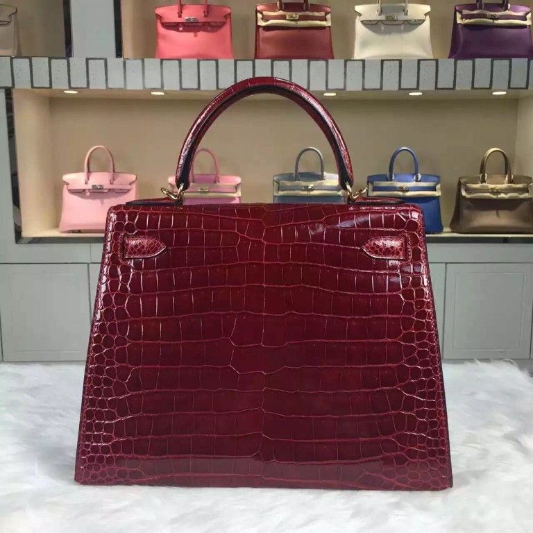 Disount Hermes New Wine Red Crocodile Shiny Leather Kelly Bag 28CM ...