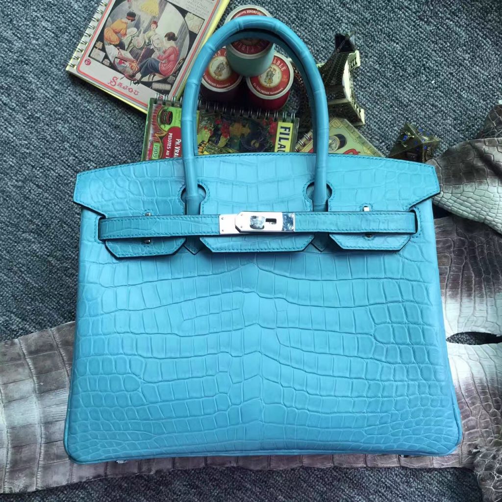 Hand Stitching Hermes Birkin Bag30cm in 3Z SaintCyr Blue Crocodile