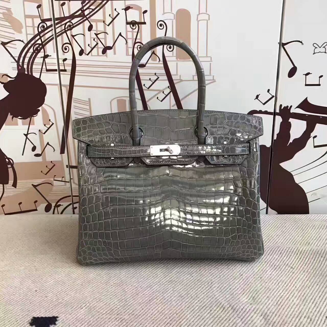 On Sale Hermes 8M Gris Paris Crocodile Shiny Leather Birkin Bag 30cm ...