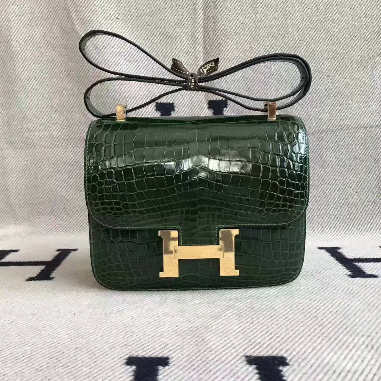 On Sale Hermes CK67 Vert Fonce Crocodile Shiny Leather Constance Bag ...