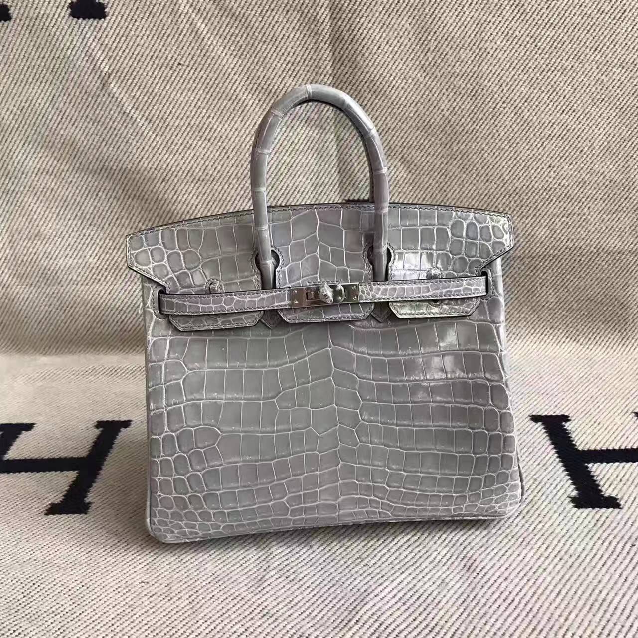 Hermes Shiny Alligator Lyn Clock Shoulder Bag Grey