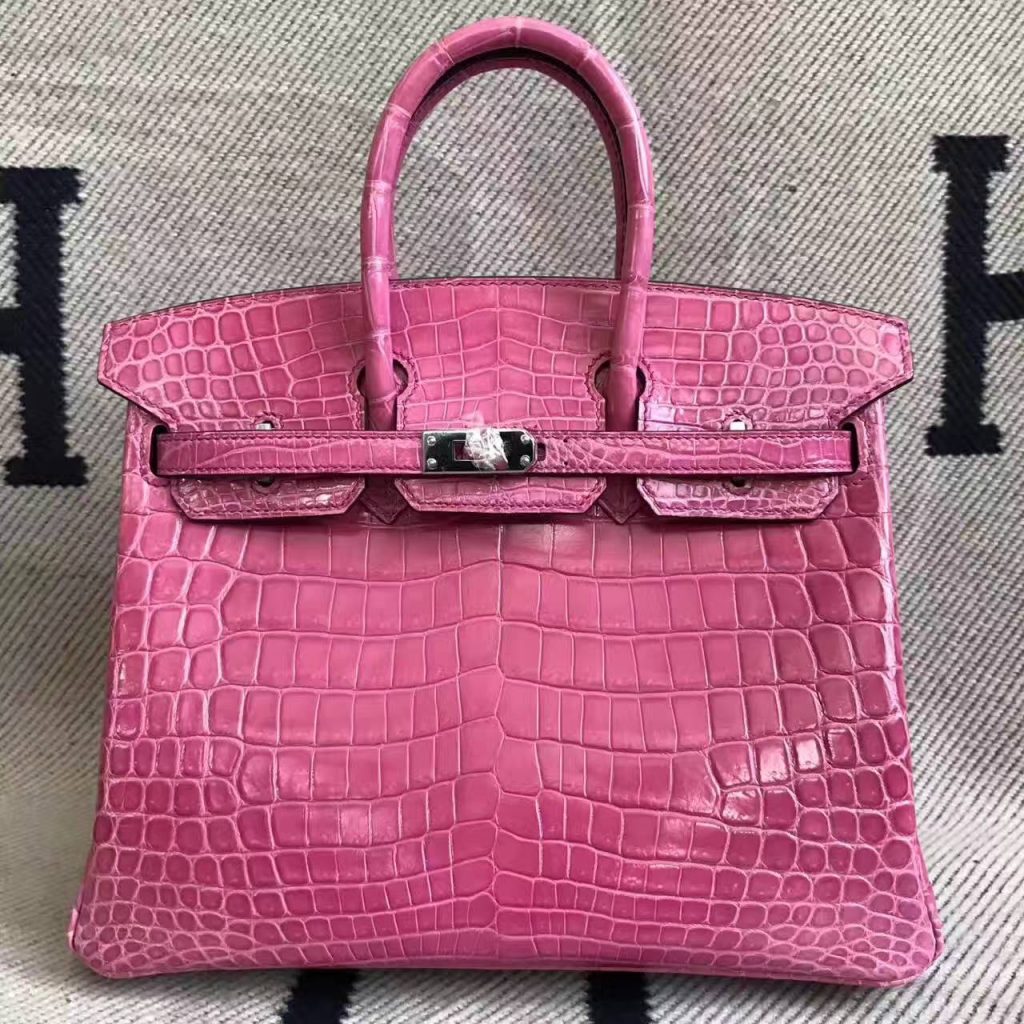 Luxury Hermes Shiny Crocodile Leather Birkin Bag 25cm in 5E Hot Pink