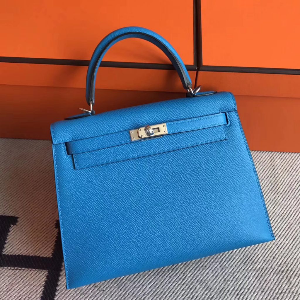 Luxury Hermes Kelly25cm Bag in B3 Blue Zanzibar Epsom Leather Silver