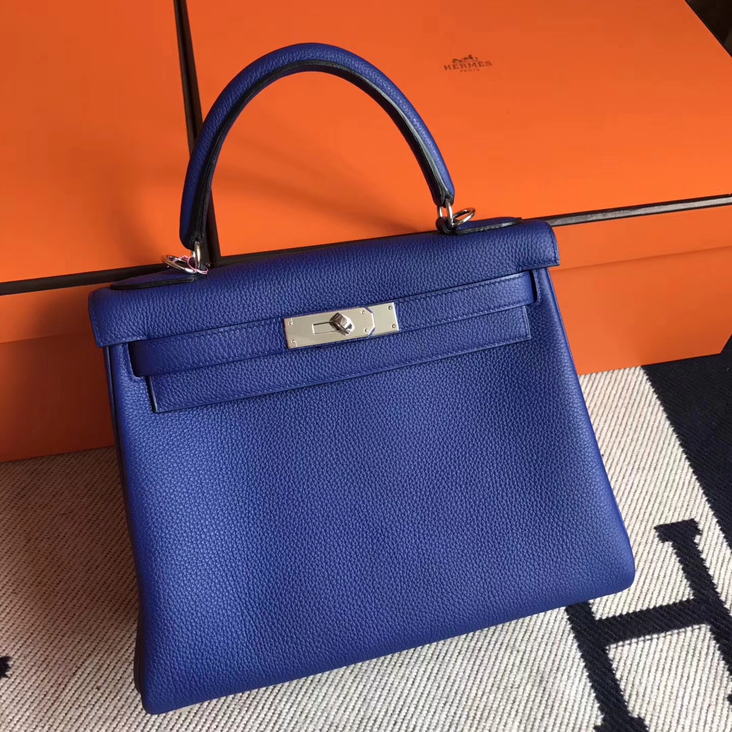 Fashion Hermes Togo Leather Kelly28cm Bag in 7T Blue Electric Silver ...