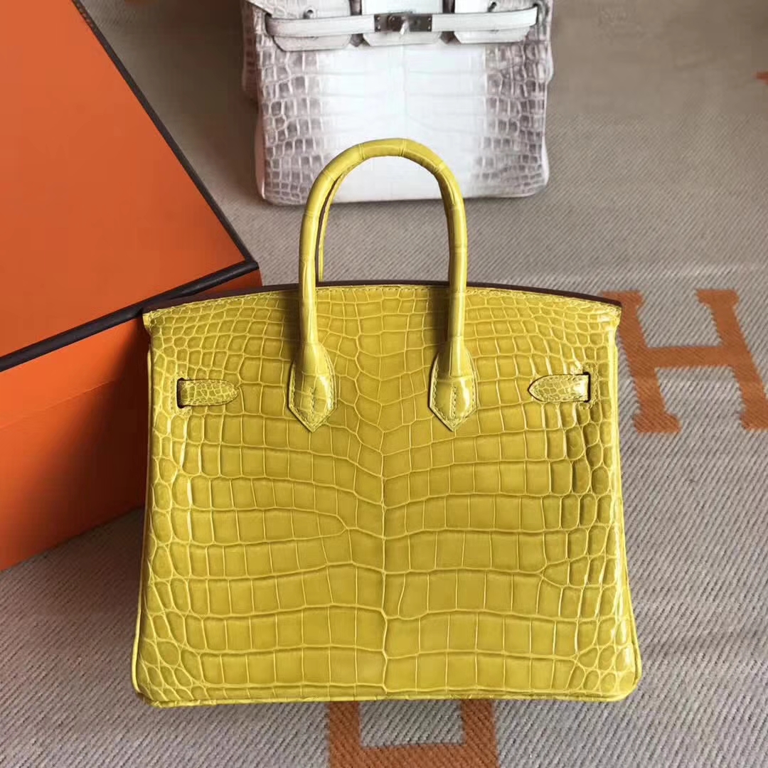 Hermes Crocodile Shiny Leather Birkin Bag25CM in 9R Lemon Yellow Gold ...