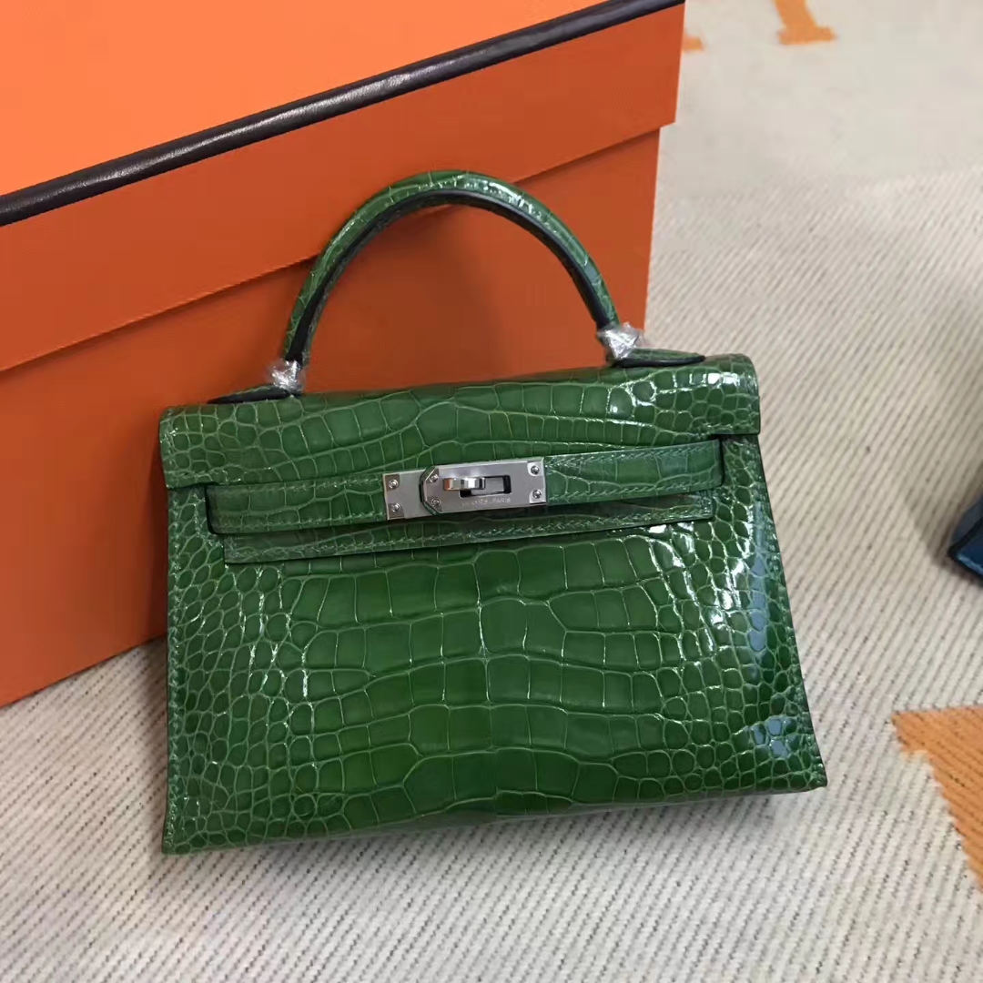 Luxury Hermes Green Crocodile Shiny Leather Minikelly-2 Clutch Bag19CM ...