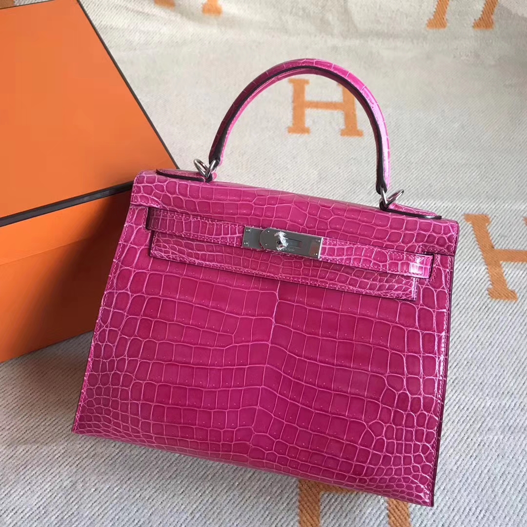 On Sale Hermes 5J Peach Pink Crocodile Shiny Leather Kelly28CM Bag ...