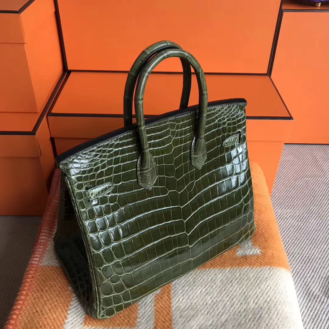 Luxury Hermes 6H Olive Green Shiny Crocodile Leather Birkin25CM Tote