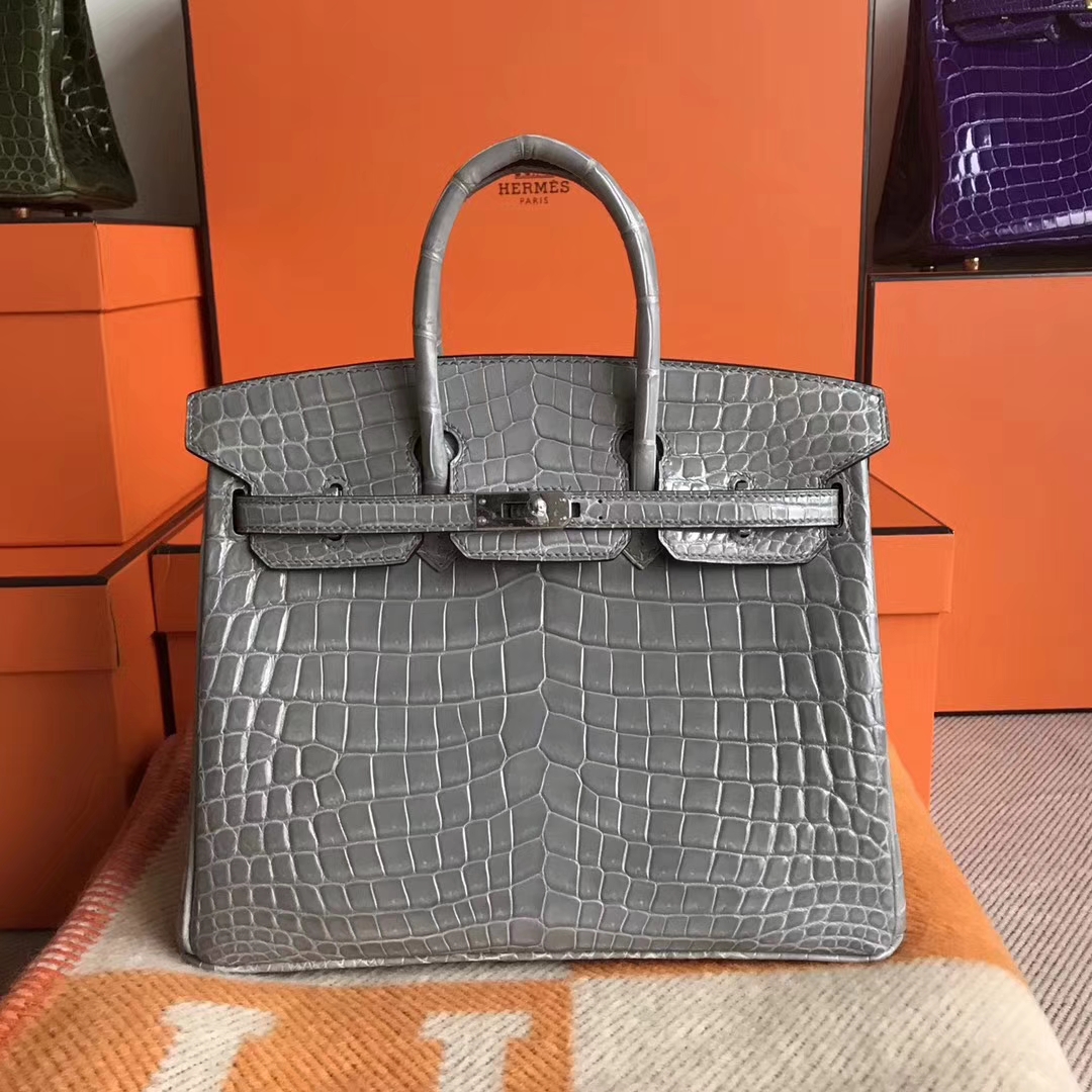 Fashion Hermes 8M Gris Paris Crocodile Shiny Leather Birkin Bag25CM ...
