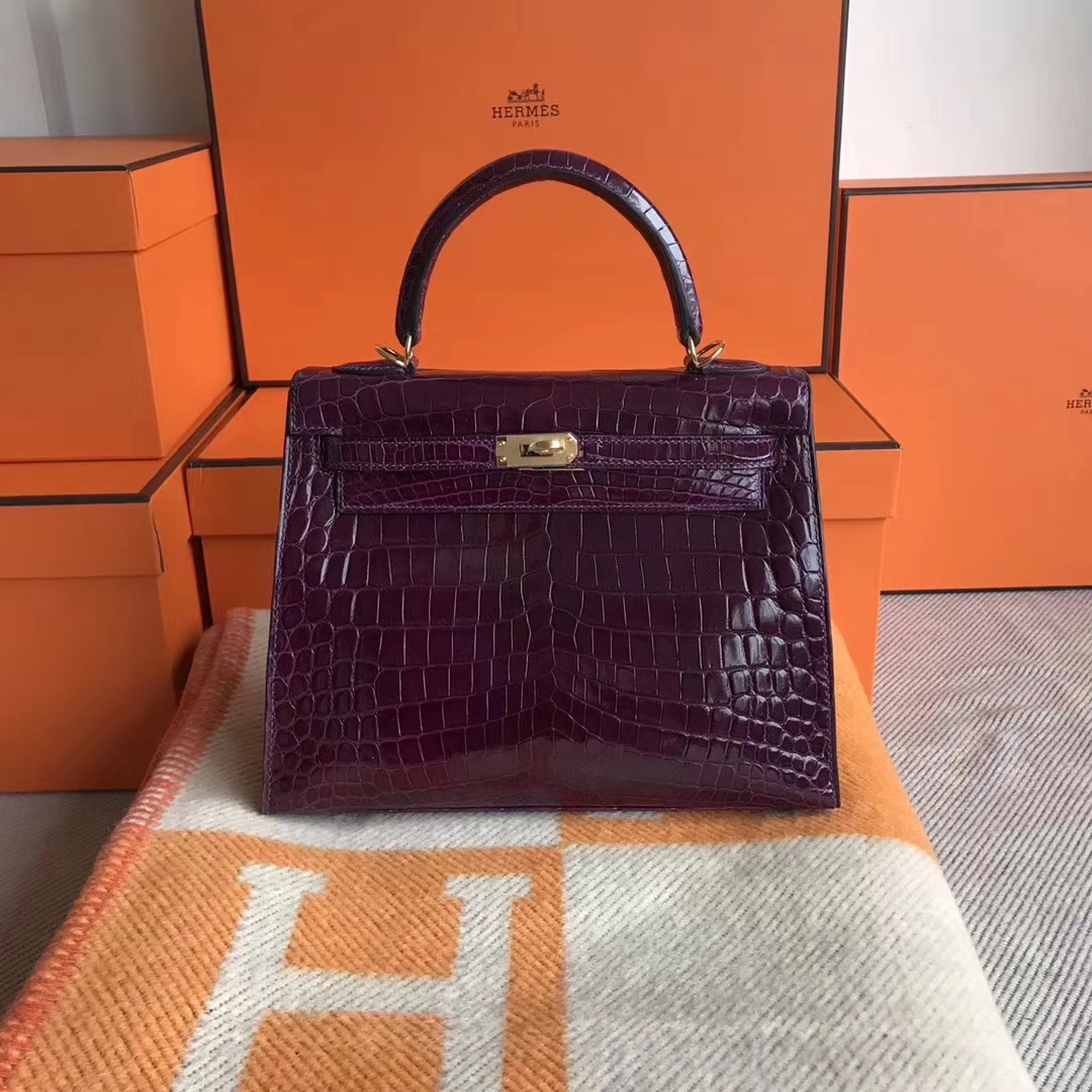 Luxury Hermes N5 Cassis Purple Shiny Crocodile Leather Kelly25CM Bag ...