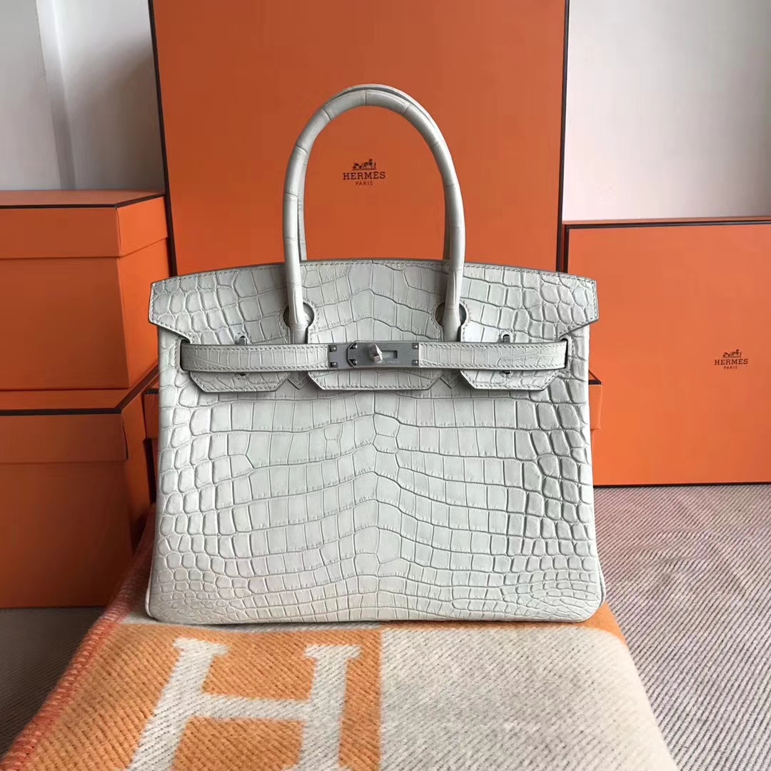 Elegant Hermes Crocodile Matt Birkin Bag30CM in 8L Beton White Silver ...