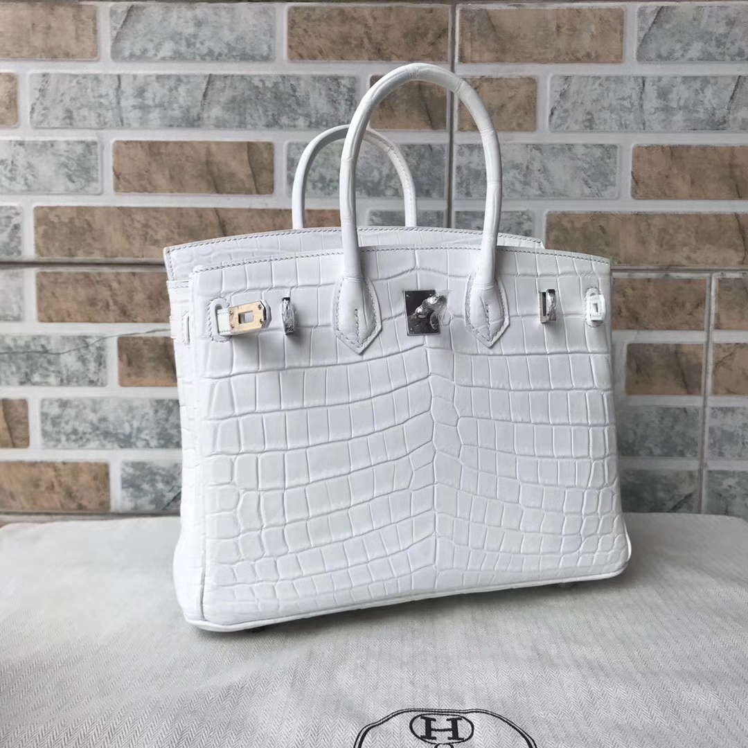 Fashion Hermes Crocodile Matt Birkin30CM Bag in White Silver Hardware — Hermes Crocodile Birkin Bag