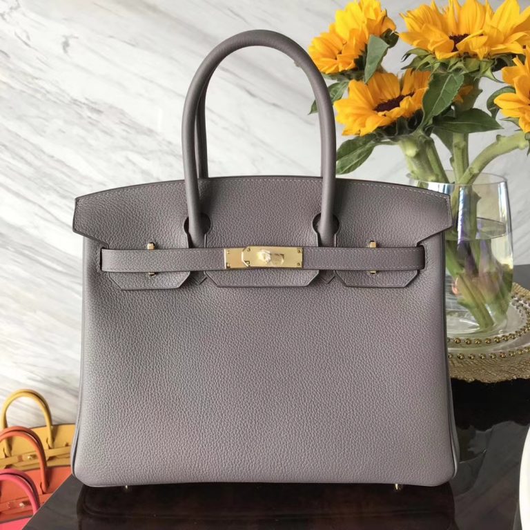 Fashion Hermes Togo Calf Leather Birkin Bag30CM in 8F Etain Grey Gold