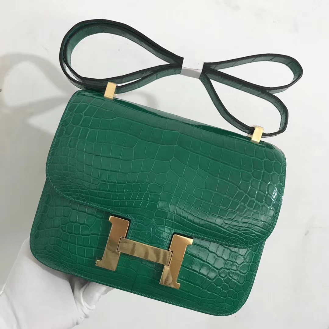 Luxury Hermes 6Q Emerald Green Shiny Crocodile Constance24CM Bag Gold ...