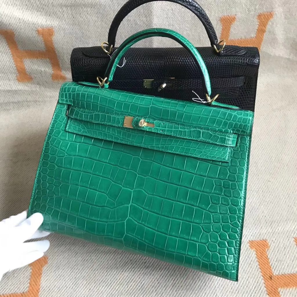 Noble Hermes 6Q Emerald Green Shiny Crocodile Leather Kelly32cm Bag ...