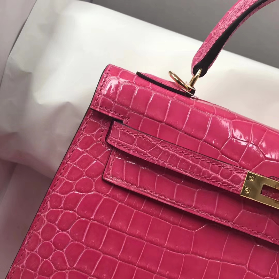 Fashion Hermes Shiny Crocodile Leather Kelly25CM in Peach Pink Gold ...