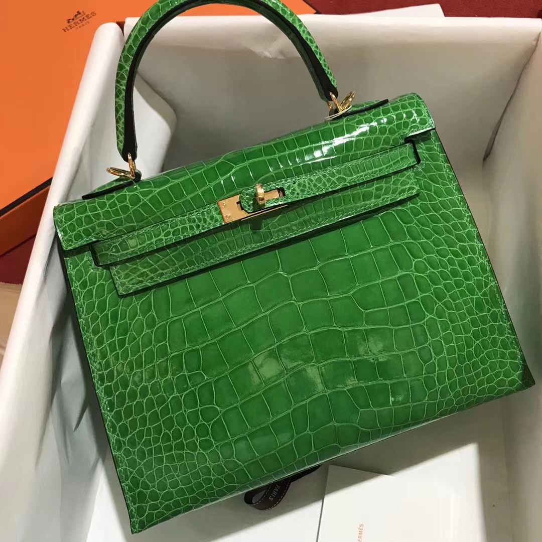 Luxury Hermes Shiny Crocodile Leather Kelly25CM Bag in 1L Cacti Green ...