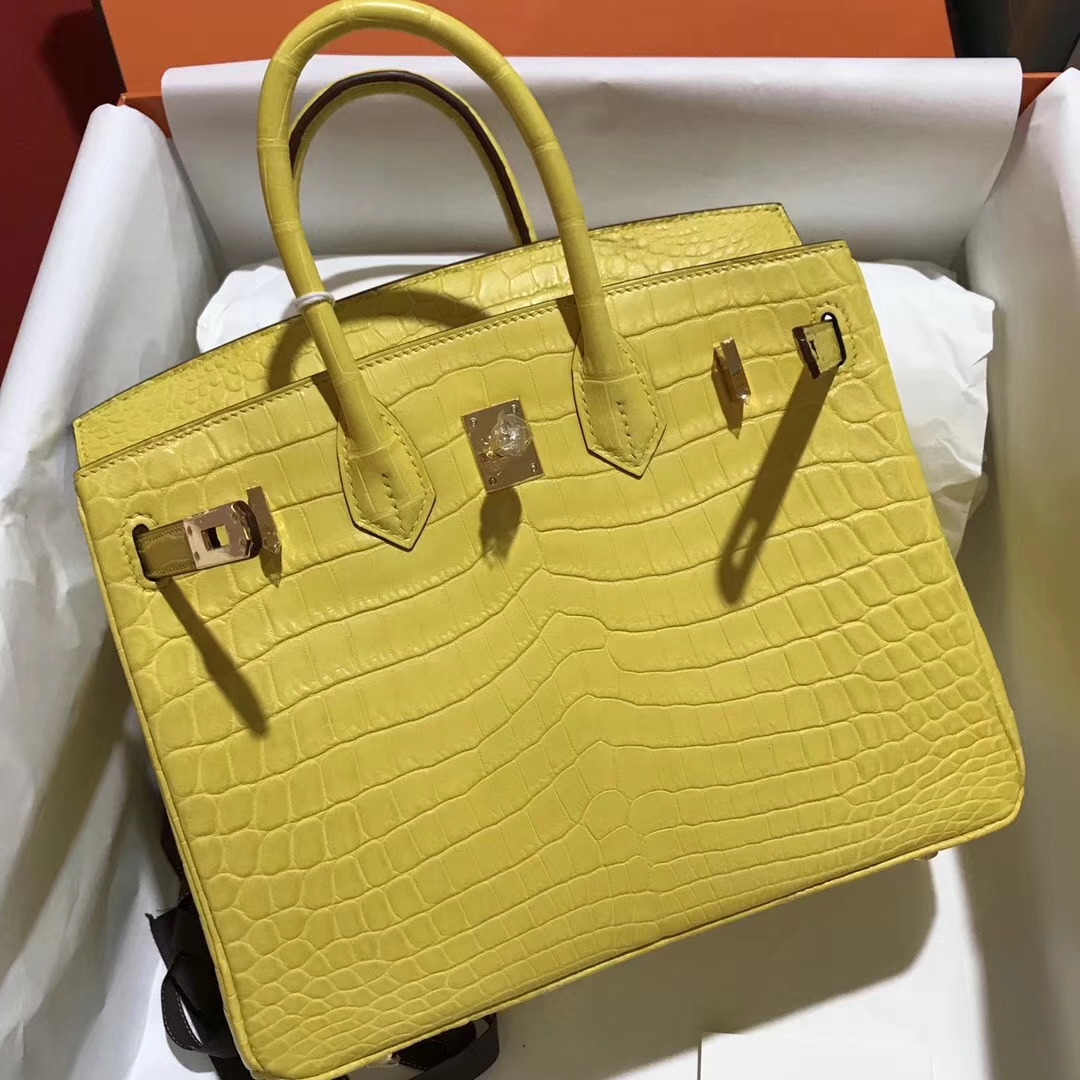 Fashion Hermes Crocodile Matt Leather Birkin25CM Bag in 9R Lemon Yellow ...