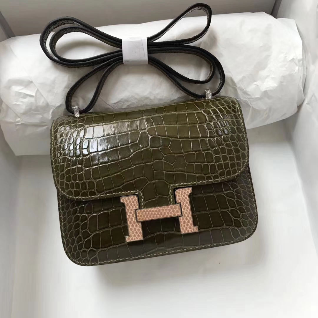 Luxury Hermes 6H Olive Green Shiny Crocodile Constance Bag18CM Lizard ...