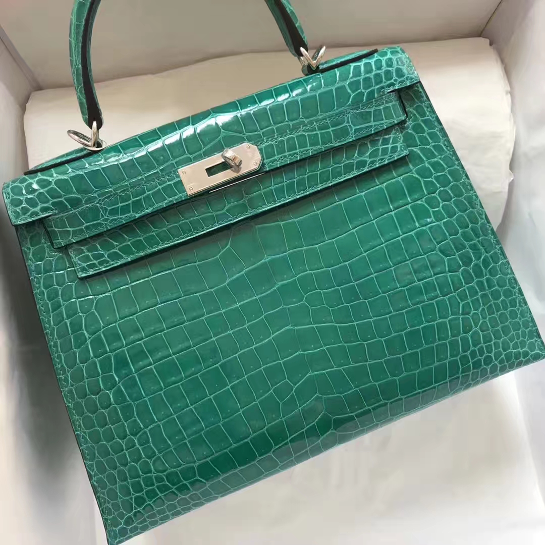 Luxury Hermes 6Q Emerald Green Shiny Crocodile Kelly Bag28CM Silver ...