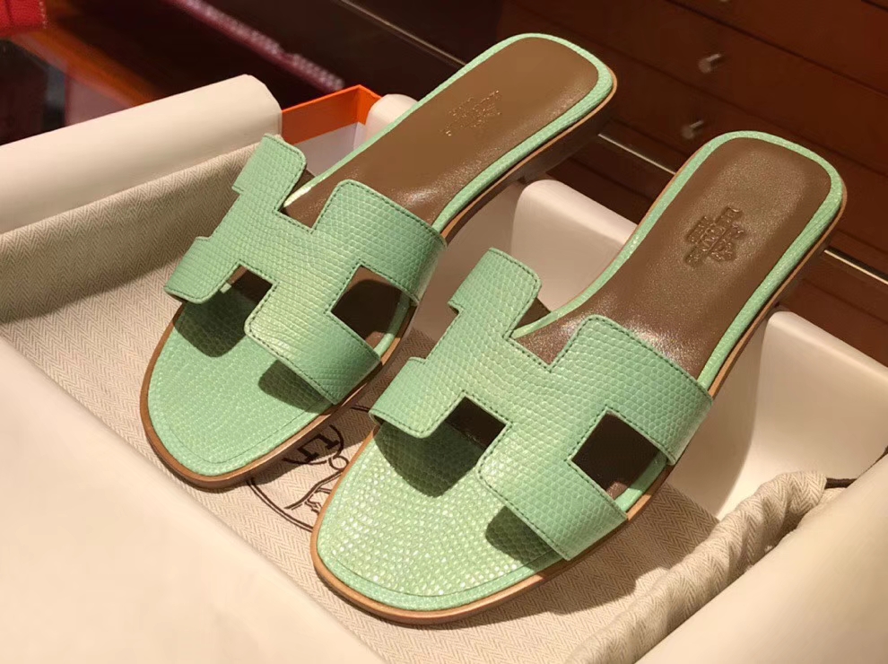 Noble Hermes Mint Green Lizard Leather Women's Flat Heel Sandals ...