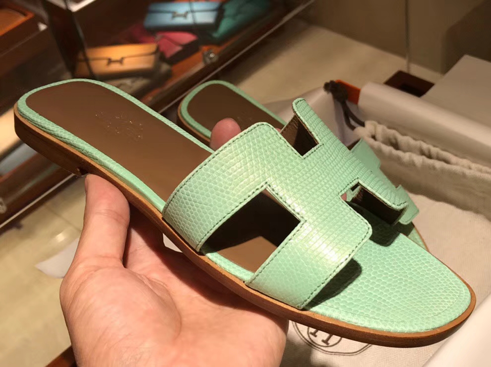 Noble Hermes Mint Green Lizard Leather Women's Flat Heel Sandals