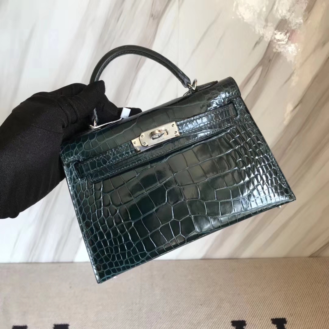 New Hermes 1P Blue Colvert Shiny Crocodile Leather Minikelly-2 Bag ...