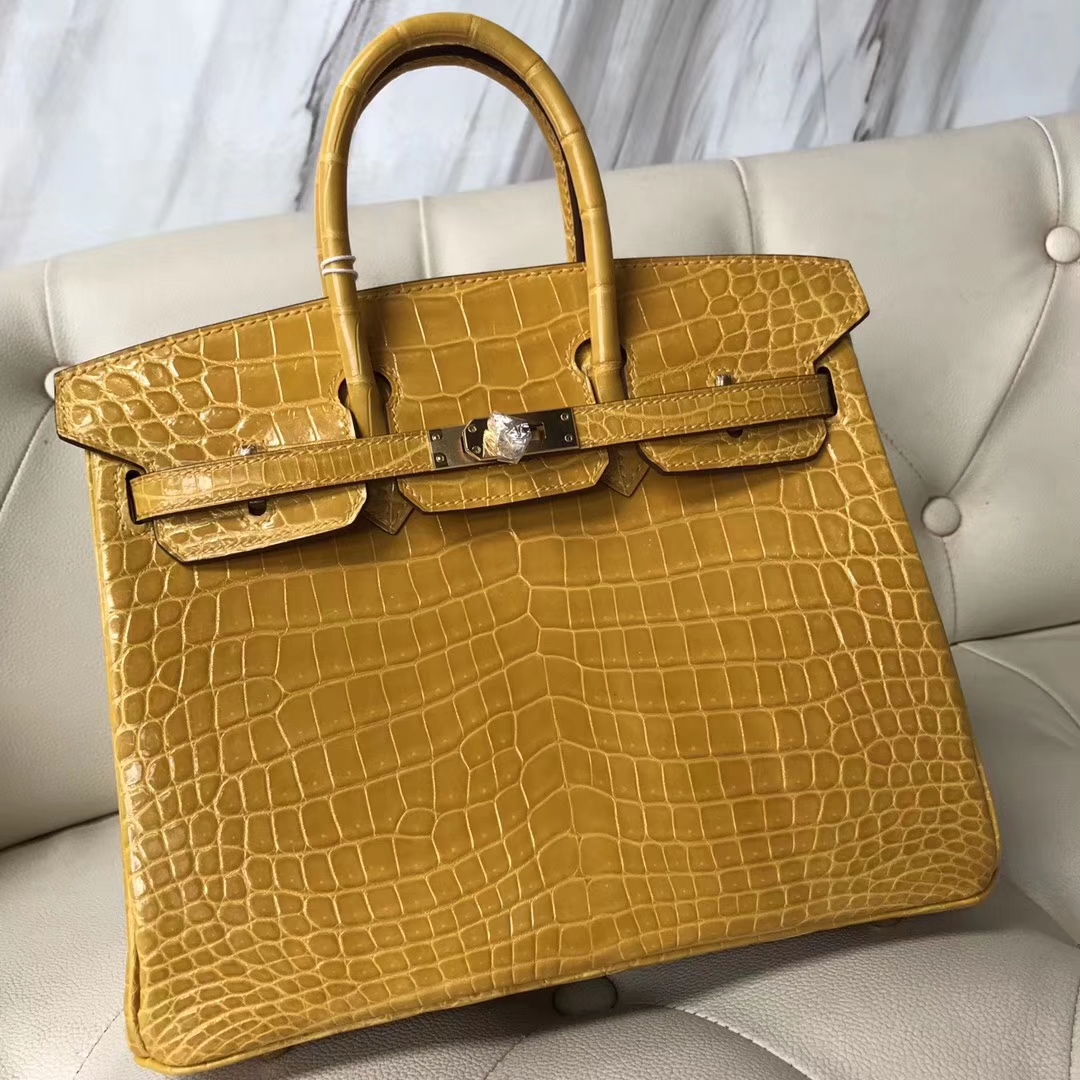 Luxury Hermes 9D Ambre Yellow Shiny Crocodile Birkin Bag25CM Gold Hardware  - HEMA Leather Factory