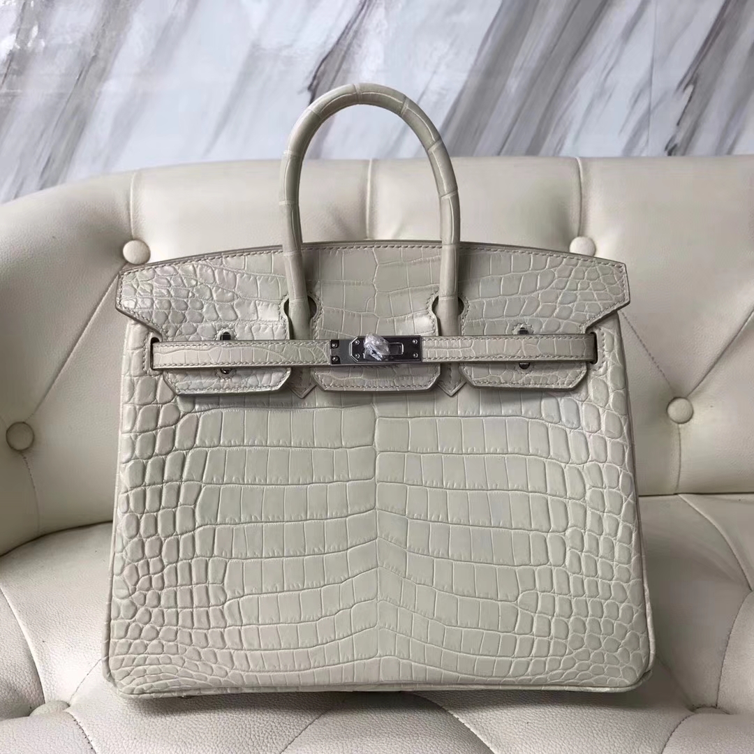 Fashion Hermes Crocodile Matt Birkin25CM Bag in 8L Beton White Silver ...