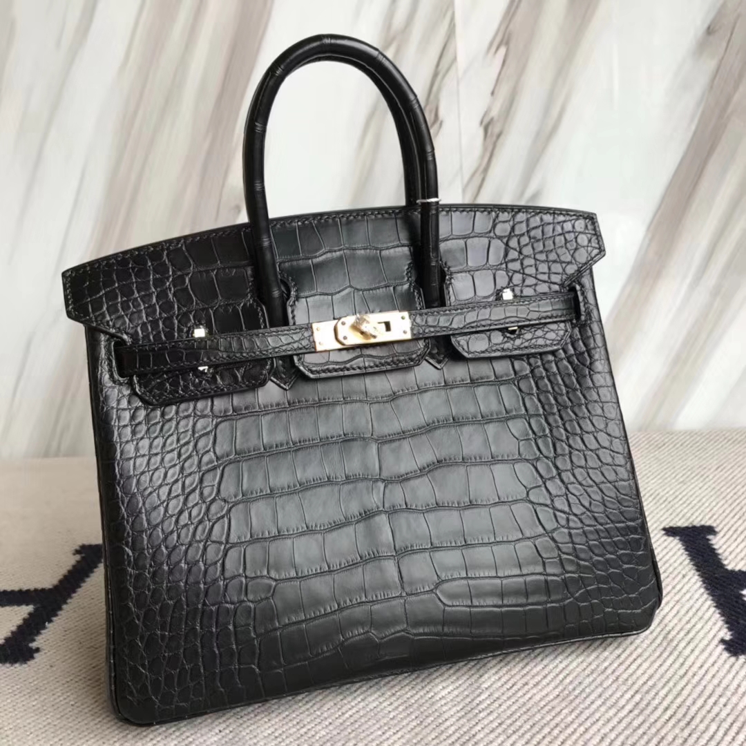 Fashion Hermes Matt Crocodile Leather Birkin25CM Tote Bag in CK89 Black ...