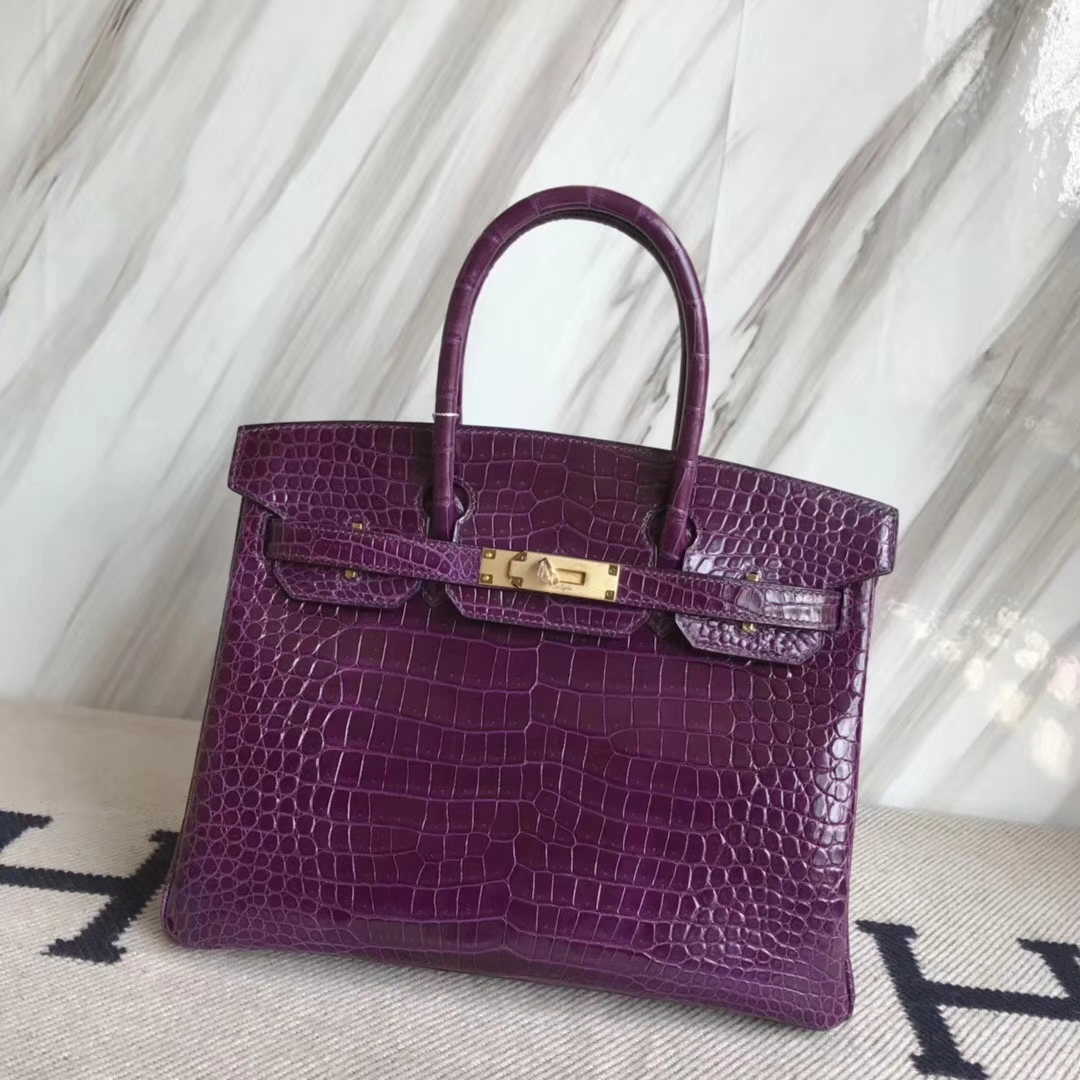 Luxury Hermes 9G Amethyst Purple Shiny Crocodile Leather Birkin30CM Bag ...